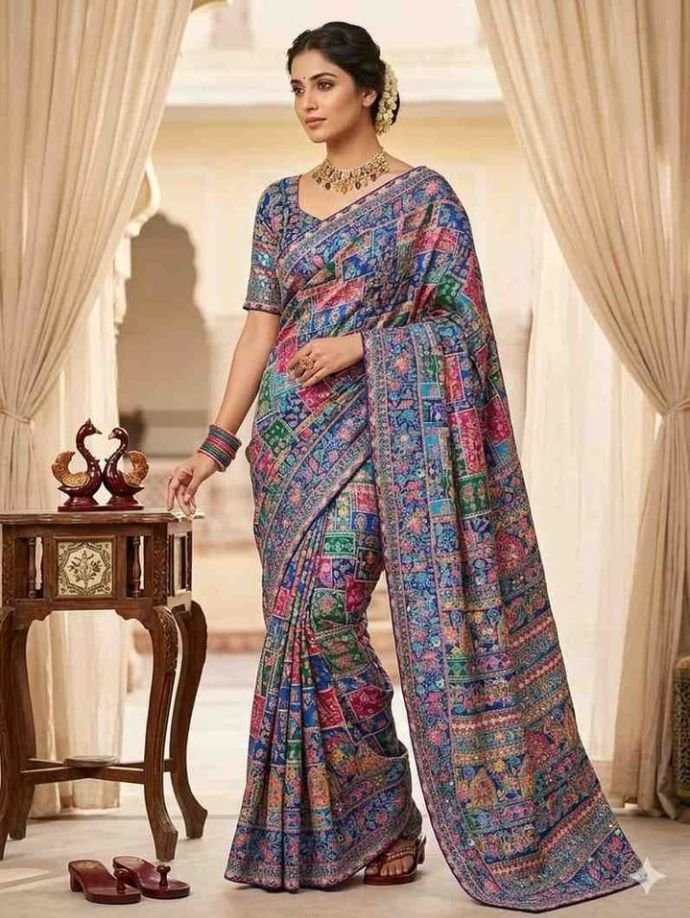 Multicolor Rajasthan designer saree featuring intricate paisley patterns, floral motifs, and decorative borders in shades of orange, pink, blue, and gold.